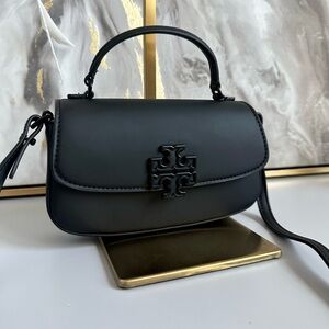 Like New Tory Burch Britten Matte Mini Top Handle Crossbody Bag Black Silver COA